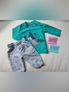 NWOT Carter's Teal Dinosaur Long Sleeve Tee with Gray Dino Joggers Set, 0-3M